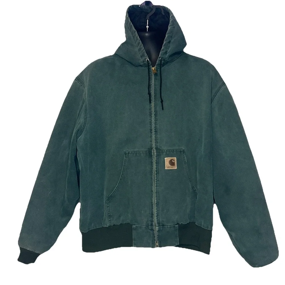 VINTAGE 90's Y2K CARHARTT‎ HTR GREEN FULL-ZIP JACKET Duck Canvas Workwear LARGE